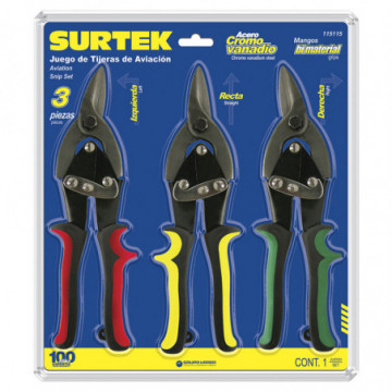 Set of 3 tin snips with textured plastisol coated handle