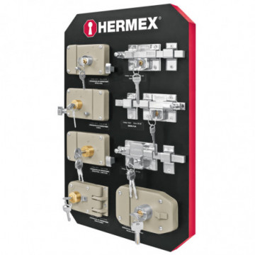 Hermex exhibitor with overposing and bar