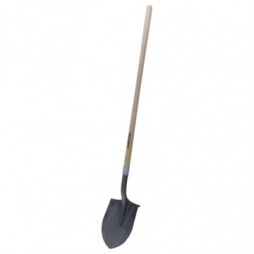 Industrial round shovel with long wooden handle without grip