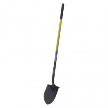 Industrial round shovel with long fiberglass handle without grip