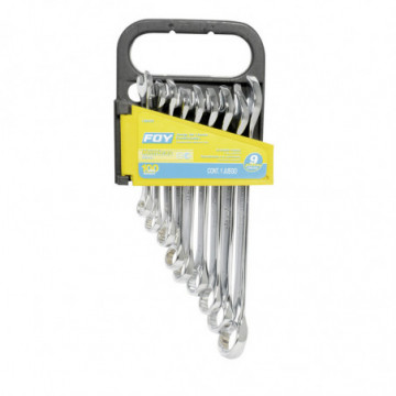Set of 9 12-point metric mirror polished combination wrenches in rack