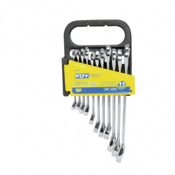 Set of 11 12-point metric mirror polished combination wrenches in rack