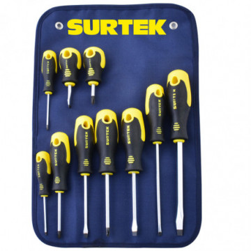 Set of 10 bi-material combination screwdrivers with case
