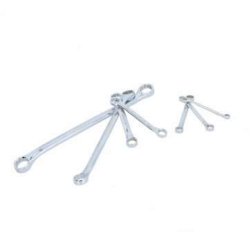 Set of 7 inch mirror polished slotted wrenches on rack