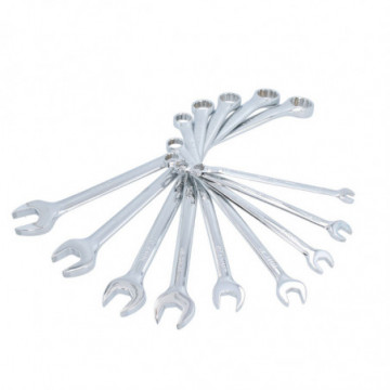 Set of 9 metric 12-point extra long mirror polished combination wrenches in rack