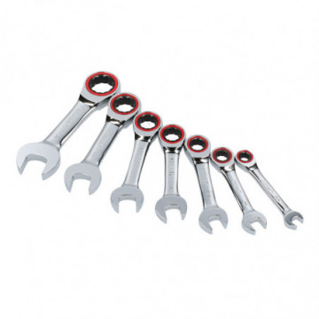 Set of 7 12-Point Short Mirror Polished Combination Wrenches in Rack