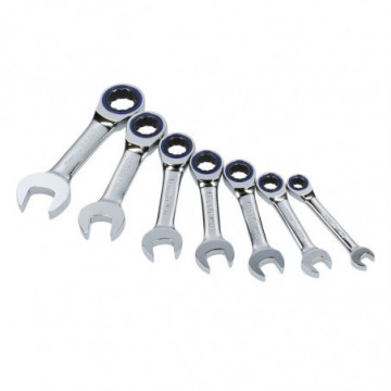 Set of 7 combination 12-point metric short mirror polished combination wrenches in rack