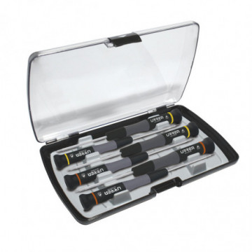 Set of 6 flat tip and precision phillips ESD screwdrivers in plastic box