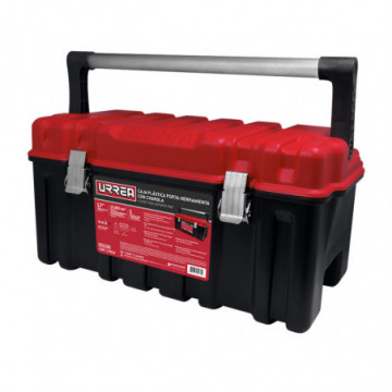 Plastic tool box with tray and red lid 17"